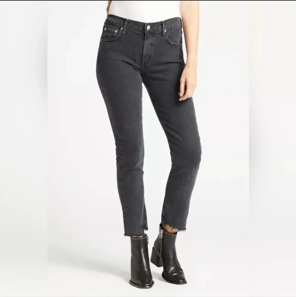 Agolde Toni‎ Mid Rise Raw Hem Straight Leg Black Jean Size 25 Distressed Ankle